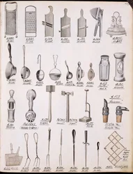Kuchyňské náčiní, z obchodního katalogu domácího zboží a příslušenství, cca 1890-1910