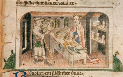 Lady Hagiografie ukazuje poutníkovi svou výstavu mastí a toaletních potřeb, ilustrace z anglického překladu „Poutník života člověka“ od Guillauma Deguileville, kolem 1430-50 (vellum)