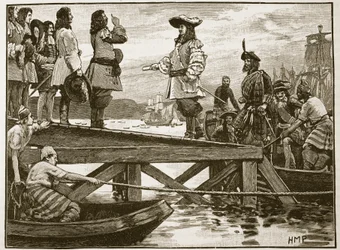 Vylodění maršála Schomberga v Carrickfergusu, ilustrace z Cassells Illustrated History of England (sépiová fotografie)