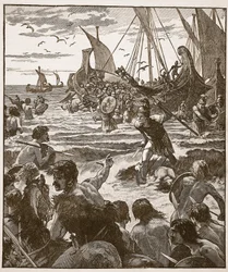Vylodění Římanů na pobřeží Kentu, ilustrace z Cassells Illustrated History of England (sépiová fotografie)