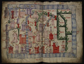 Lansdowne 204 ff.225v & 226 Mapa Skotska od Johna Hardinga, kolem 1450 (inkoust a tempera na pergamenu)