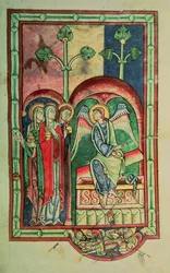 Lansdowne 383 f.13 Ženy u hrobu, ze Shaftesbury Psalter, West Country, c.1130-40 (vellum)