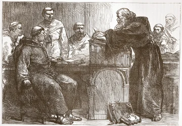 Lefevre přednáší na Sorbonně, ilustrace z Historie protestantismu od Jamese Aitkena Wylie (1808-1890), hospoda. 1878