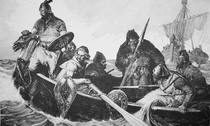Leif Ericson objeví břeh Vinland the Good, pravděpodobně Newfoundland (rytina)