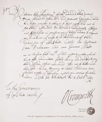 Dopis guvernérovi hradu Calshott od Olivera Cromwella, 1651, faksimile z originálu v majetku Sira Jamese Fellowese, Adbury House