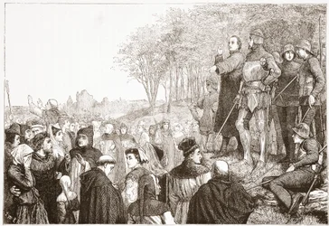 Lord Cobham at a Lollard Preaching, ilustrace z Historie protestantismu od Jamese Aitkena Wylie (1808-1890), hospoda. 1878