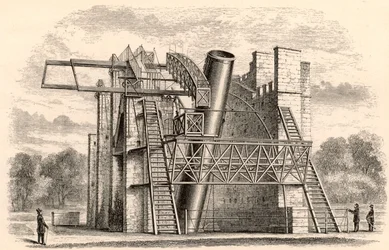 Lord Rosses velký zrcadlový dalekohled, z Příručky popisné astronomie od George F. Chamberse, vydané v Oxfordu, 1890