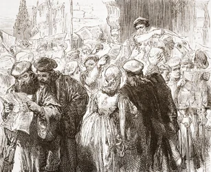 Luthersův pamflet: scéna v tiskárně, ilustrace z Dějin protestantismu od Jamese Aitkena Wylie (1808-1890), hospoda. 1878