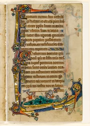 MS 1-2005, fol. 151r: A Hound and Rabbit Rytířství, okrajová dekorace z Macclesfieldského žaltáře, Use of Sarum, East Anglia, c.1330