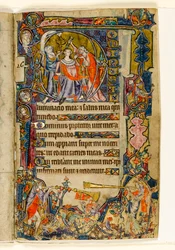 MS 1-2005, fol. 39r: The Anointing of David and Trumpeters, historická iniciála z Macclesfieldova žaltáře, Use of Sarum, East Anglia, kolem roku 1330