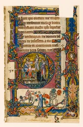 MS 1-2005, fol. 58r: Saul posílá Doega zabít kněze Noba, historická iniciála z Macclesfieldova žaltáře, Use of Sarum, East Anglia, kolem 1330