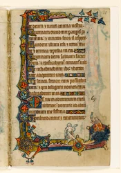 MS 1-2005, fol. 98r: A Beggar and a Wealthy Pig (?), okrajová dekorace z Macclesfieldského žaltáře, Use of Sarum, East Anglia, kolem 1330