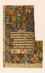 MS 1-2005, fol. 9r: The Tree of Jesse a Beatus počáteční hranice s hudebníkem a groteskním bojem, z Macclesfieldského žaltáře, Use of Sarum, East Anglia, c.1330