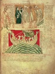 MS CCC 157 str. 383 Vize, o kterých snil král Jindřich I. v Normandii v roce 1130, z Worcesterské kroniky, kolem 1130-40 (vellum) vložené kolem roku 1140 Janem z Worcesteru do kroniky započaté Florencií z Worcesteru (d. 1118); jeden z prvních přežívajících