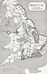Mapa Británie v roce 626, od The Northumbrian Kingdom 588 až 685 v „Krátké historii anglického lidu“ od J. R. Greena, vydané v roce 1893