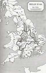 Mapa Británie v roce 640, z Northumbrijského království v „Krátké historii anglického lidu“ od J. R. Greena, publikované v roce 1893