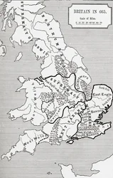 Mapa Británie v roce 665, od The Northumbrian Kingdom 588 až 685 v „Krátké historii anglického lidu“ od J. R. Greena, vydané v roce 1893