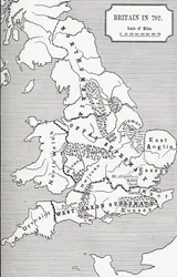 Mapa Británie v roce 792, od Tří království 685 až 828 v „Krátké historii anglického lidu“ od J. R. Greena, vydané v roce 1893