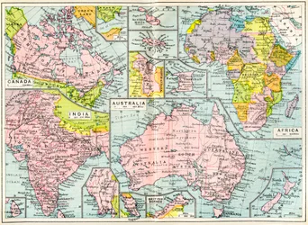 Mapa britského majetku v roce 1914 při vypuknutí první světové války, z The British Empire Universities Modern English Illustrated Dictionary, pub.1914