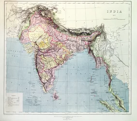 Mapa Indie, zveřejněná pod vedením plukovníka H.R. Thuillier, R.E., Surveyor General of India, 1877