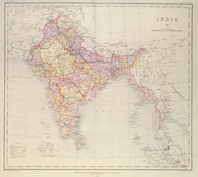 Mapa Indie, zveřejněná pod vedením plukovníka H. R. Thuillier, R.E., Surveyor General of India, 1882