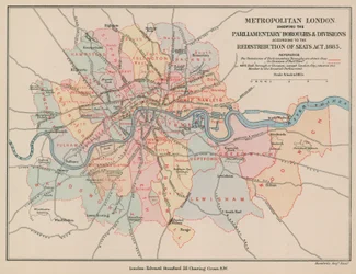 Mapa metropolitního Londýna zobrazující parlamentní čtvrti a divize, 1885