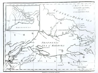 Mapa částí Evropy a Asie přiléhajících ke Konstantinopoli, z knihy "Dějiny úpadku a pádu Římské říše", 9. díl, autor Edward Gibbon, 1808.
