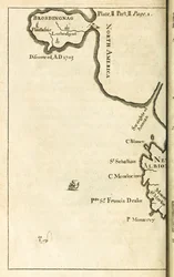 Mapa zobrazující polohu Brobdingnagu z prvního vydání Cesty do několika vzdálených národů světa, které jsou lépe známé jako Gullivers Travels od Jonathana Swifta