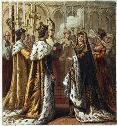 Sňatek Jindřicha VII., anglického krále (1457-1509) s Alžbětou z Yorku (1466-1503) dne 18. ledna 1486. Sňatek Jindřicha Sedmého a Alžběty z Yorku. chromolitografie v „Obrázcích anglické historie““, kterou vydal George Routledge & Sons.1890. Privee