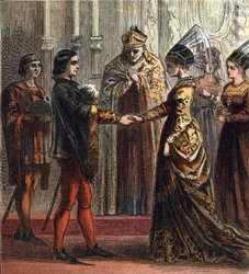 Sňatek anglického krále Jindřicha V. (1387-1422) s Kateřinou z Valois (1401-1437) v roce 1420. „Sňatek Jindřicha V.“, 1420. Jindřich se oženil s Kateřinou, dcerou francouzského krále.