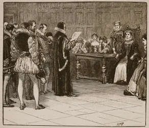 Marie královna Skotská dostává zprávu o svém zániku, ilustrace z Cassells Illustrated History of England (sépiová fotografie)