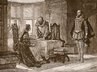 Marie podepisuje listinu o abdikaci na hradě Lochleven, ilustrace z Cassells Illustrated History of England (sépiová fotografie)