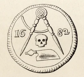 Zednářská pečeť maastrichtských tesařů, datovaná 1682, z knihy „The History of Freemasonry, svazek II“, vydané Thomasem C. Jackem, Londýn, 1883