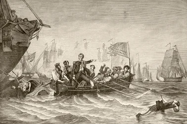 Velitel Oliver Hazard Perry přestupuje z amerického Briga Lawrence do americké Brig Niagra během bitvy u Erijského jezera (litho)