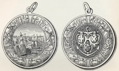 Medaile připomínající vítězství admirála Roberta Blakese nad Holanďany v roce 1653, z knihy J. R. Greena A Short History of the English People, vydané v roce 1893.