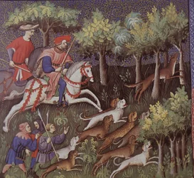 Středověcí aristokraté loví lišky (tempera na papíře)