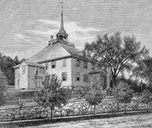 Meeting House v Hinghamu, ilustrace z III. dílu „Narativní a kritické historie Ameriky“, 1886