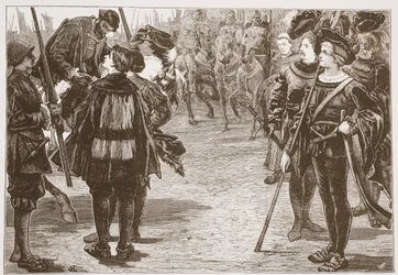 Setkání císaře Karla a protestantských knížat, ilustrace z Dějin protestantismu od Jamese Aitkena Wylie (1808-1890), hospoda. 1878