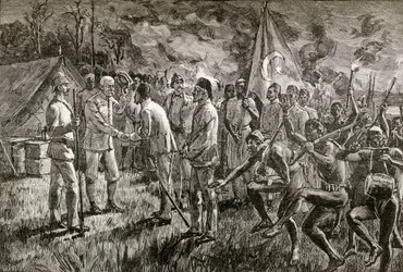 Mehmet Emin Pasha a Gaetano Casati přijíždějí do tábora sira Henryho Mortona Stanleyho na břehu jezera u jezera Albert v roce 1889, 1890 (dřevoryt)