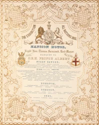 Jídelní lístek z banketu pro prince Alberta v Mansion House u příležitosti Velké výstavy průmyslových děl všech národů, Londýn, 1851