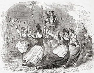 Tanec dojiček, s hromadou talířů, May Day, Anglie, ze staré Anglie: A Pictorial Museum, pub. 1847
