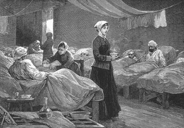 Slečna Nightingaleová v kasárenské nemocnici ve Scutari, kolem roku 1880 (dřevoryt)