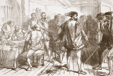 Kapela Mouchares útočící na protestanty v Hostelry v Faubourg St. Germain, ilustrace z Historie protestantismu od Jamese Aitkena Wylie (1808-1890), hospoda. 1878