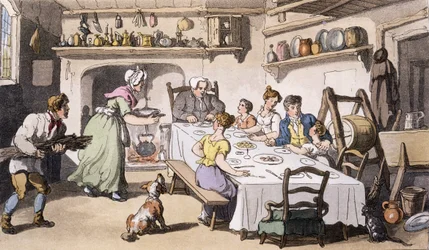 První návštěva pana Burchella, hospoda. Ackermanns Repository of Arts, Londýn, 1817 (ručně kolorovaná rytina)
