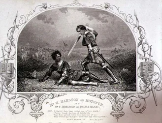 Pan H. Marston jako Hotspur a pan F. Robinson jako princ Henry, V. dějství Scéna 4 z Jindřicha IV (část I) z daguerrotypie od Paine of Islington, hospoda. od John Tallis & Co. (litho)