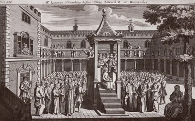 Pan Latimer káže před králem Eduardem VI. ve Westminsteru, ilustrace z knihy Foxes Martyrs, cca 1703.