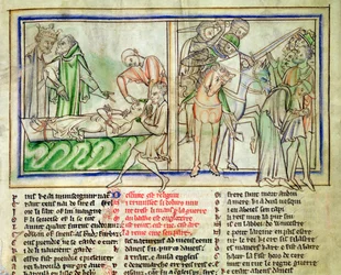 Ms.Ee.3.59 fol.6r Harald Harefoot dohlíží na mučení Alureda a útlak anglického lidu, ze Života svatého Eduarda Vyznavače, asi 1250-60.