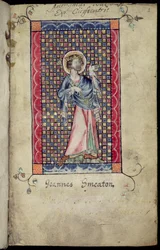Ms 1-2005, f.1r: Svatý Edmund, miniatura z Macclesfieldského žaltáře, užití Sarum, východní Anglie, kolem roku 1330