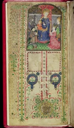 Ms 41-1950, f.2v: Věnovací stránka z Knihy hodin patřící Margaret Beauchamp, c.1424