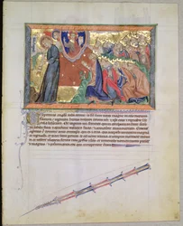 Paní L.A. 139-Lisboa fol.28 7. anděl troubí na trubku a 24 starších uctívající Boha, z Gulbenkian Apokalypsy, kolem 1265-70